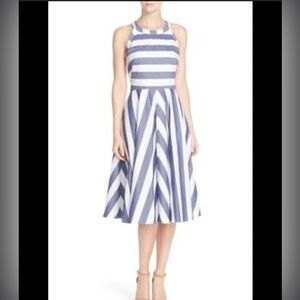 Eliza J Chambey striped dress, below knee circle skirt, sleeveless, blue white 6